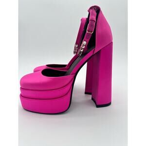 Womens Platform Chunky High Block Heels magenta rhinestone heals